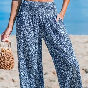 Ditsy Floral Smocked Waist Wide Leg Pants CUPSHE Size XL